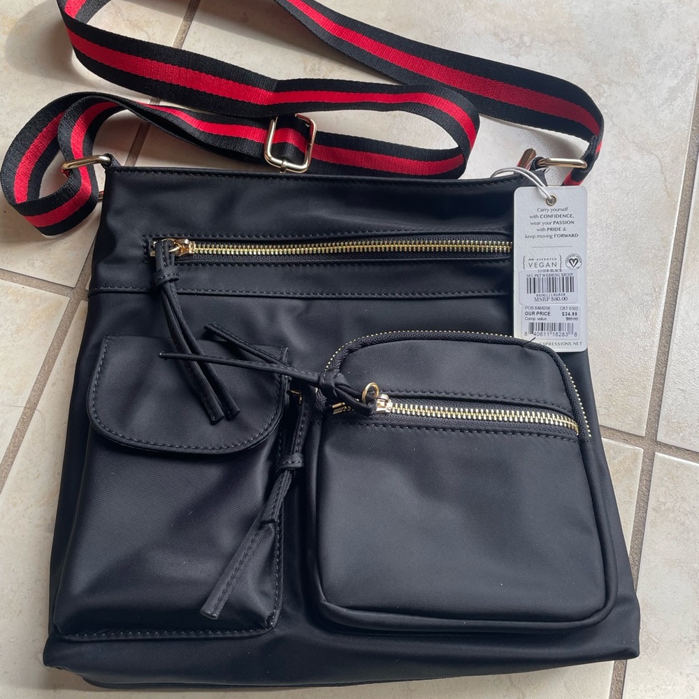 Black Crossbody Bag with Red and Black Strap NWT